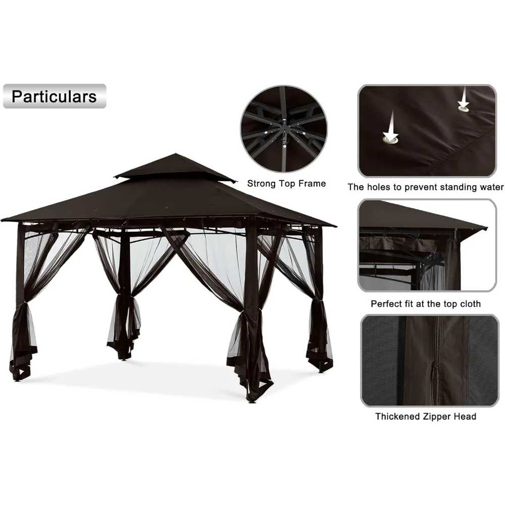 Outdoor Garden Gazebo com Stable Steel Frame e Netting Walls, Brown Pátio, 10x10