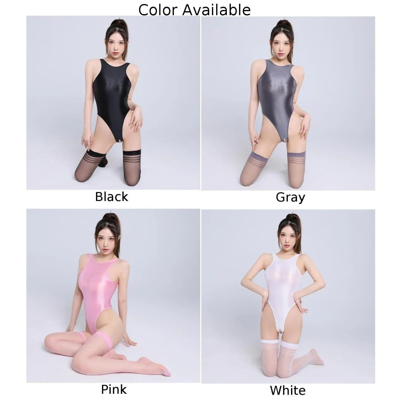 여성용 반짝이는 오픈 가랑이 바디수트 스타킹, 쉬어 실크 점프수트, 스타킹 포함