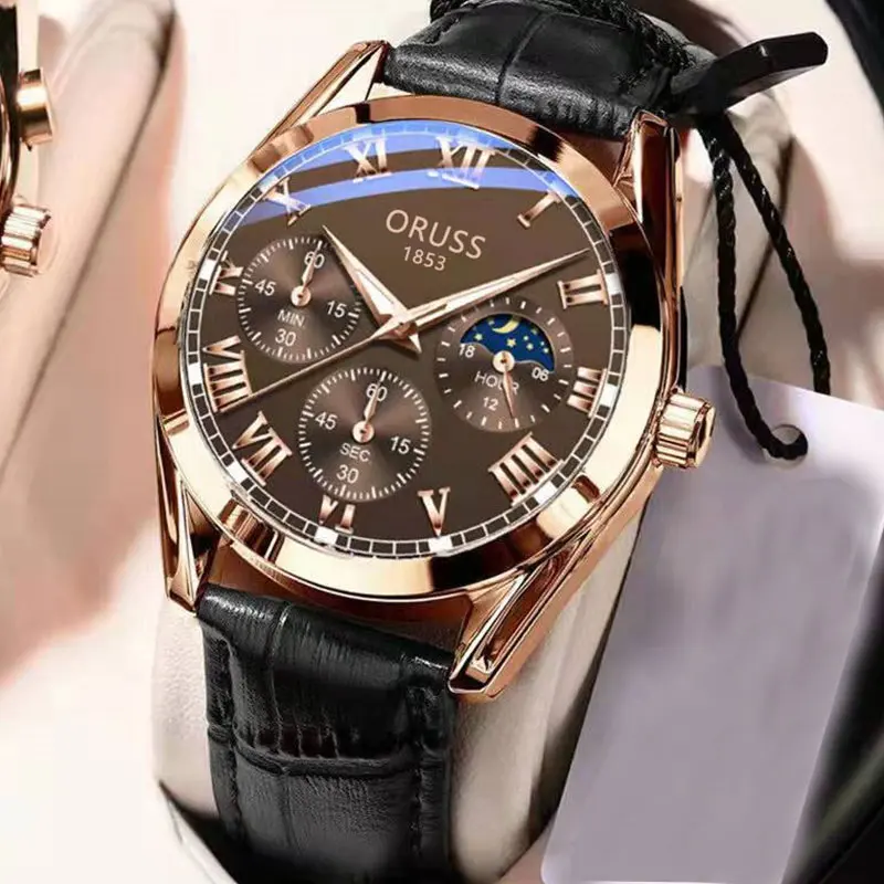 ORUSS Luxury Men\'s Quartz Watch Roman Dial Luminous Hands Waterproof And Comfortable Leather Strap High-Quality Men\'s Watches