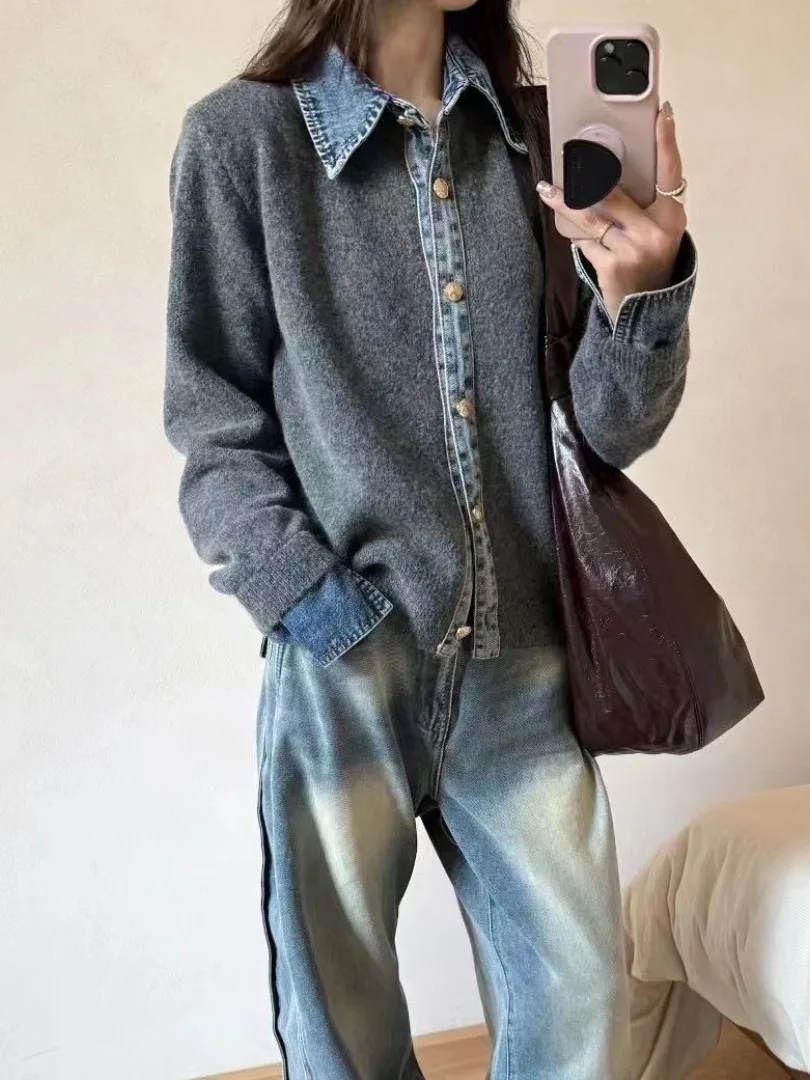 Women's Knitted Sweater Autumn Korean Style Chic Loose Fit Denim Patchwork Slimming Open Front Top Casual Long Sleeve  Neck