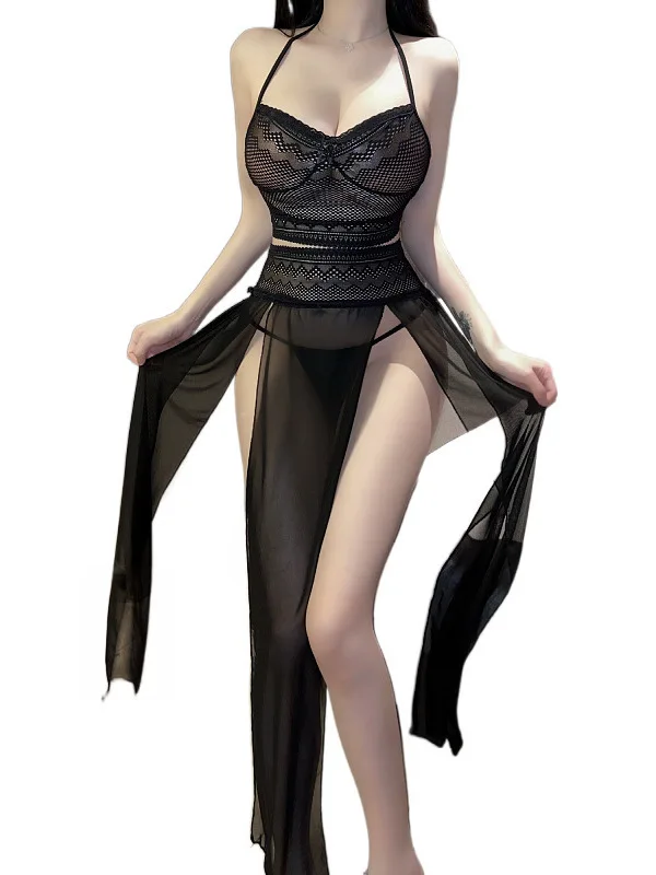 Temptation Elegant Transparent Dress Fun Lingerie Hot Lace Lace Bra Sexy High Split Long Dress Night Club Role Play Dress 8UOS