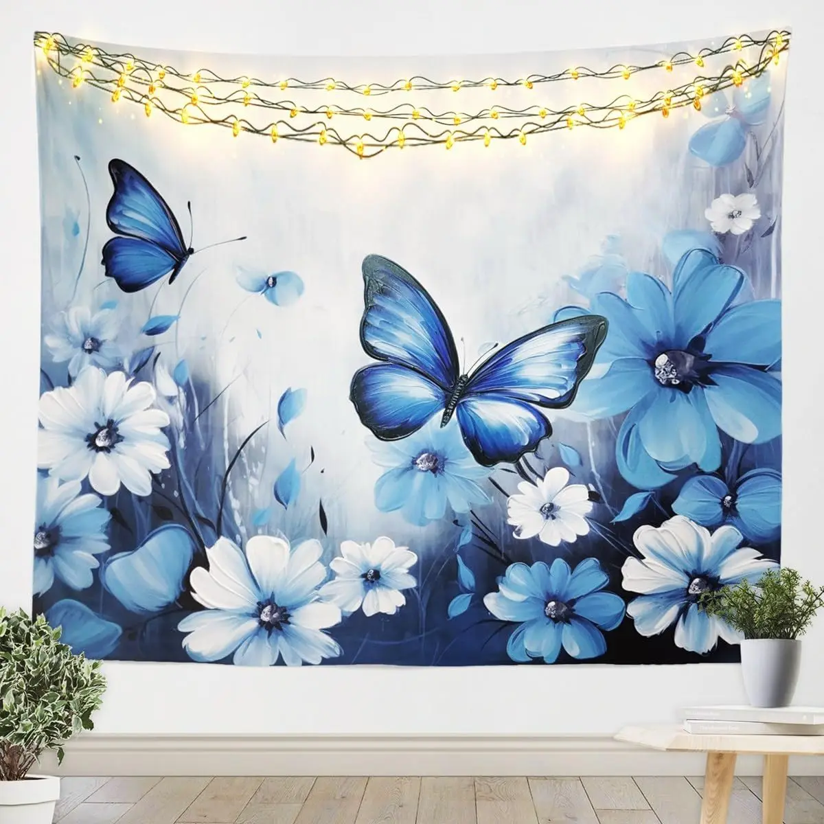Butterfly Flowers Tapestry Vintage Floral Wall Tapestry Large for Girls,Light Blue Ombre Art Oil Painting Tapestries,Aesthetic