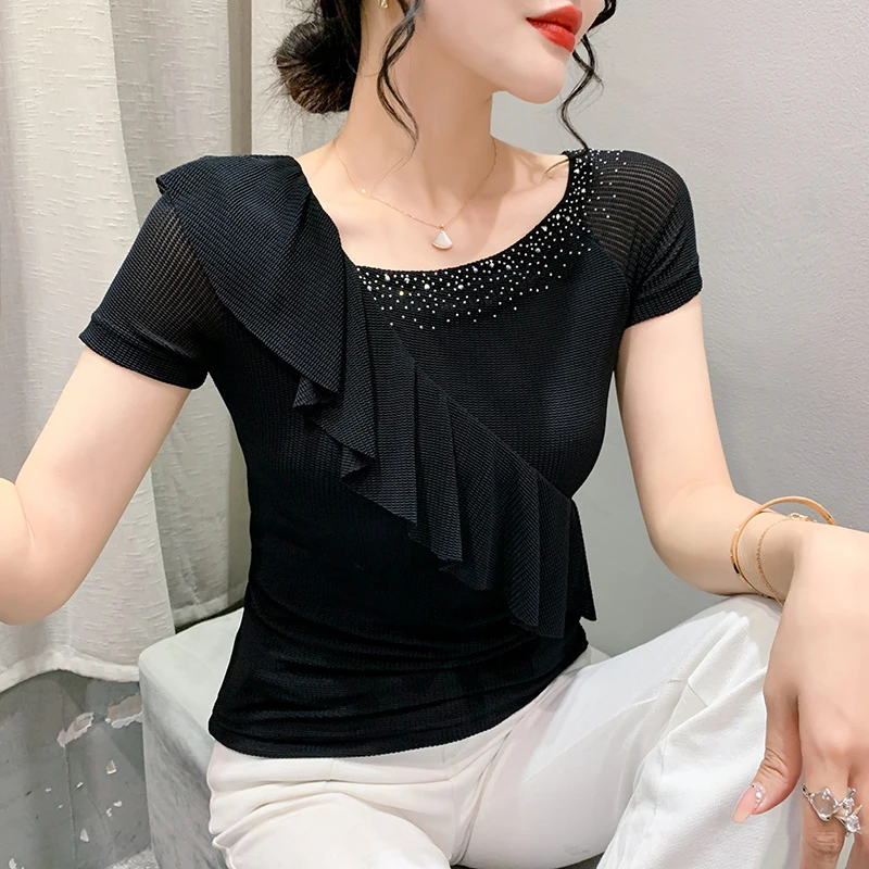 

2023 New Summer Korean Clothes T-Shirt Chic Sexy Skew Collar Ruffles Shiny Diamonds Women Tops Short Sleeve Drill Hot Tees 34029