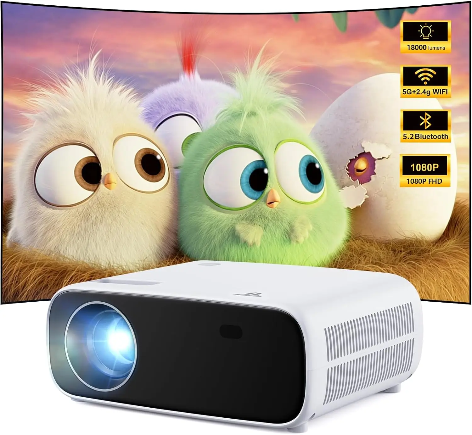 Wielio, 1080P Heimkino Beamer, Bluetooth und WiFi aktiviert, Eingebauter Sound, Kompatibel mit iOS/Android/PC/HDMI/USB/X-Box