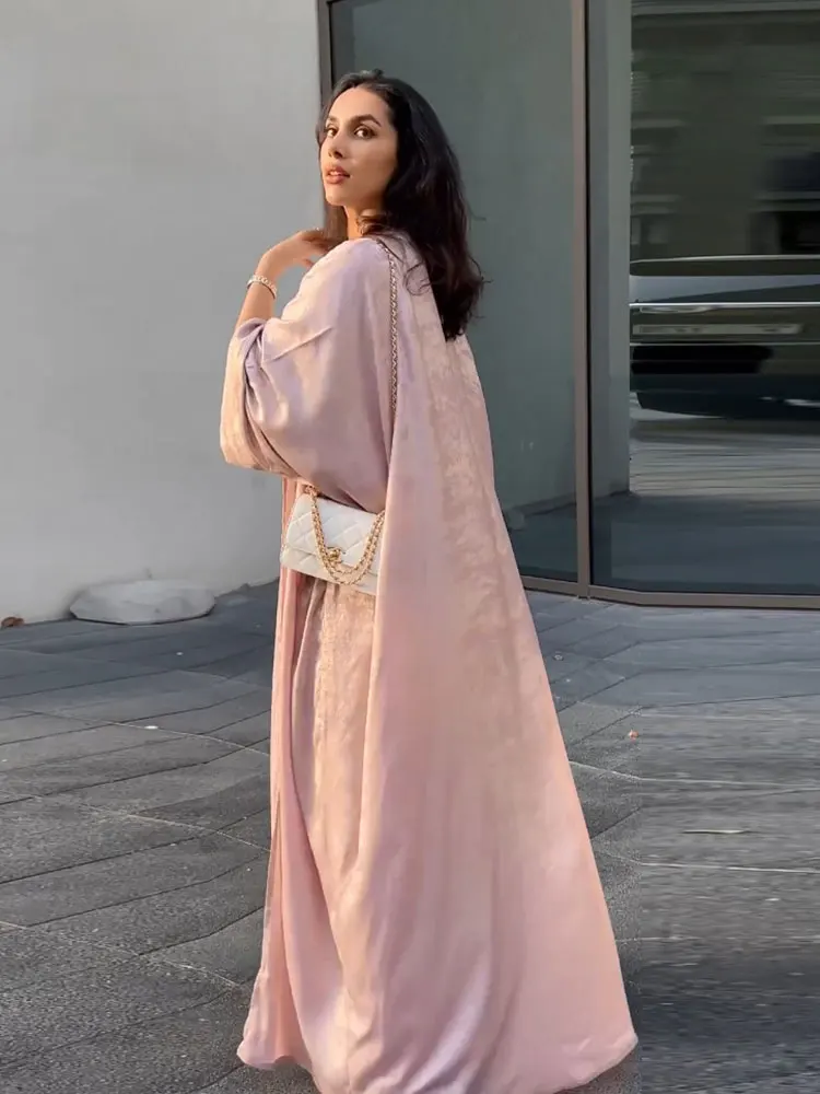 Shimmer Open Abaya Soft Satin One Size Women Islamic Clothing Kimono Cardigan Muslim Dubai Turkey Modest Abaya Long Dress Outfit