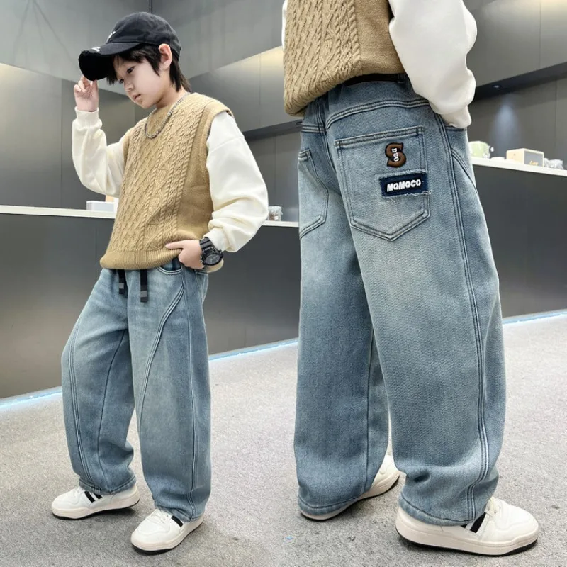 Herbst Kinder Jungen Jeans UNITIM Vielseitige Taschen Junge Teenager Jungen Gerade Hosen Lose Elastische Taille 4-14 Jahre Jungen Freizeithose – Detail 4