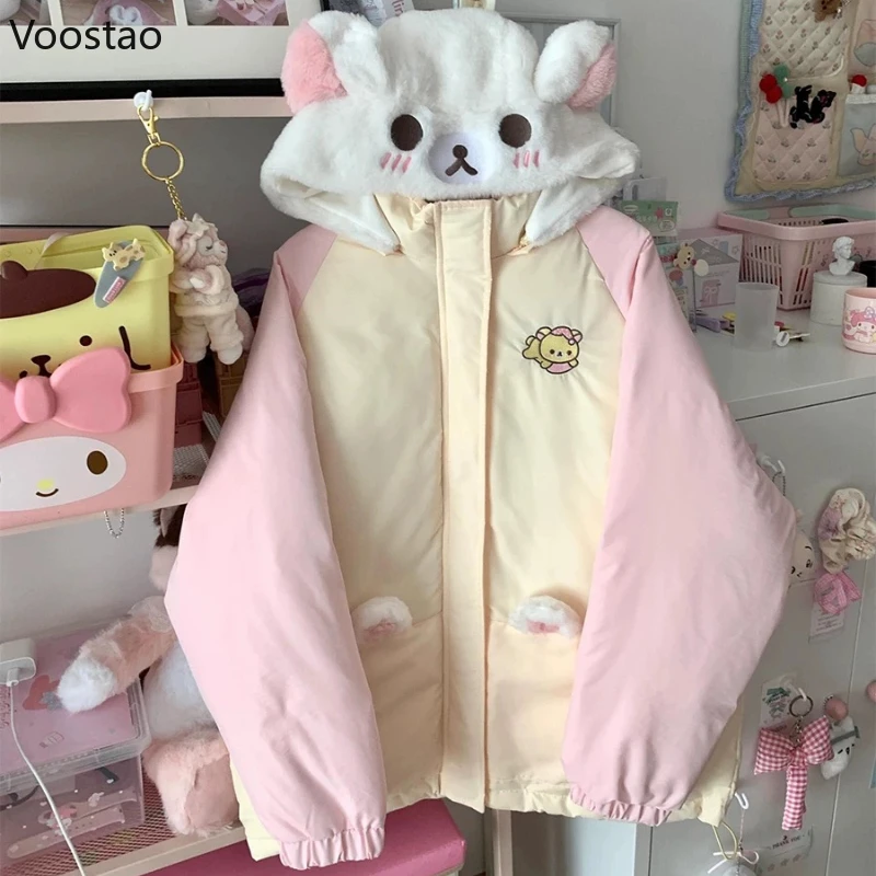 Kawaii Winter Cartoon Embroidery Lolita Parkas Women Y2k Cute Bear Ears Hooded Jacket Casual Zippers Loose Harajuku Padded Coat