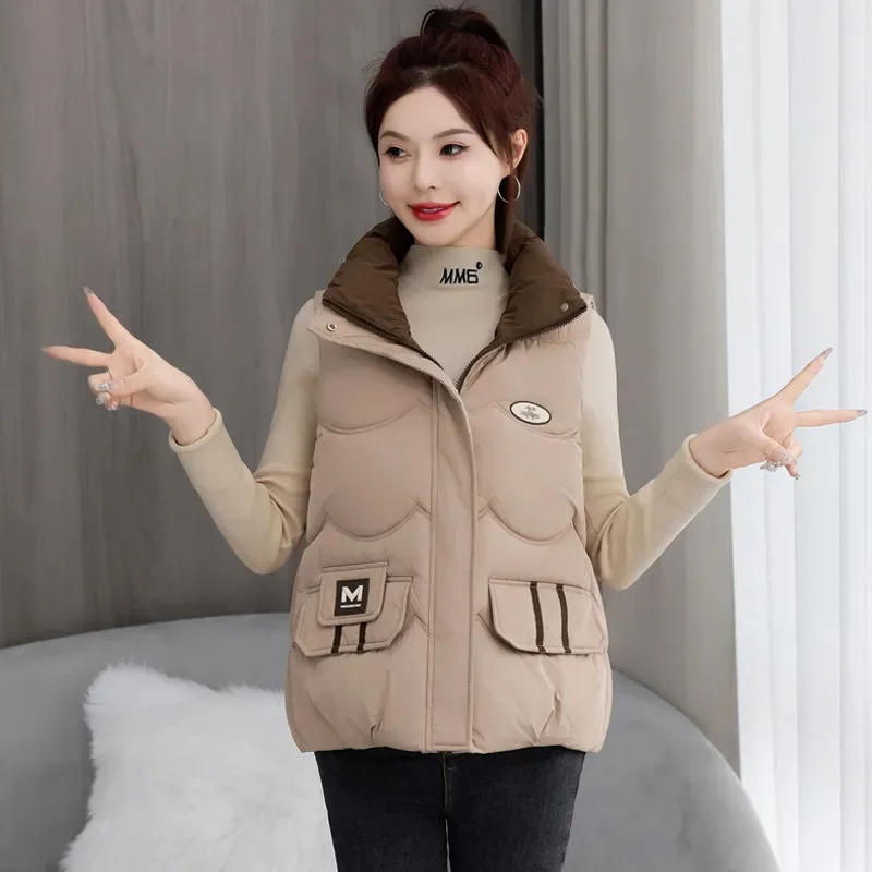 Casual Short Stand Collar Down Cotton Vest Women Parkas Autumn Winter 2024 New Thick Warm Sleeveless Jacket Loose Waistcoat W547