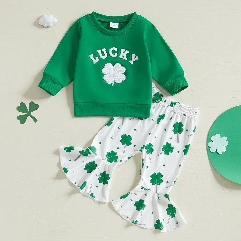 

2024-10-30 Lioraitiin Toddler Girls Irish Day Outfits Clover Long Sleeve Sweatshirt and Elastic Flare Pants Set 2Piece Clothes