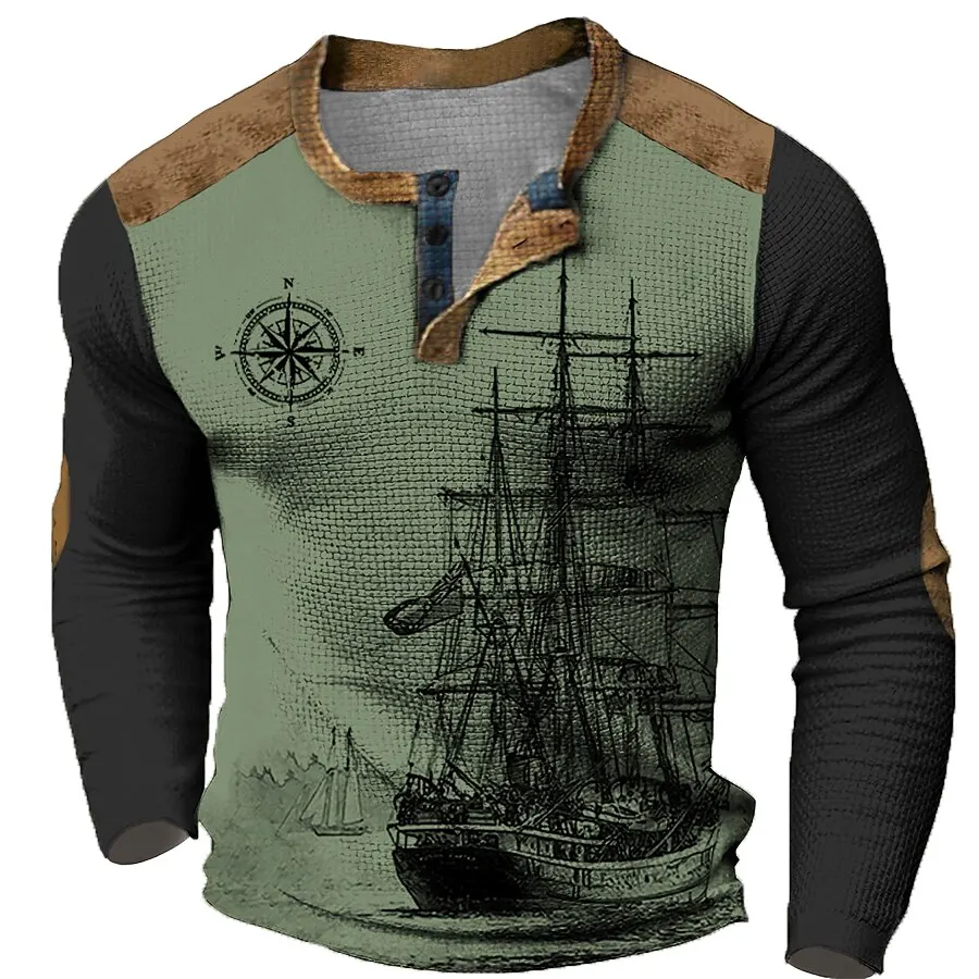 

3D Print Retro Boat Graphic Men's Henley T-Shirt Fashion Vintage Long Sleeve Casual Top Autumn Outdoor Daily Comfortable Clothes
