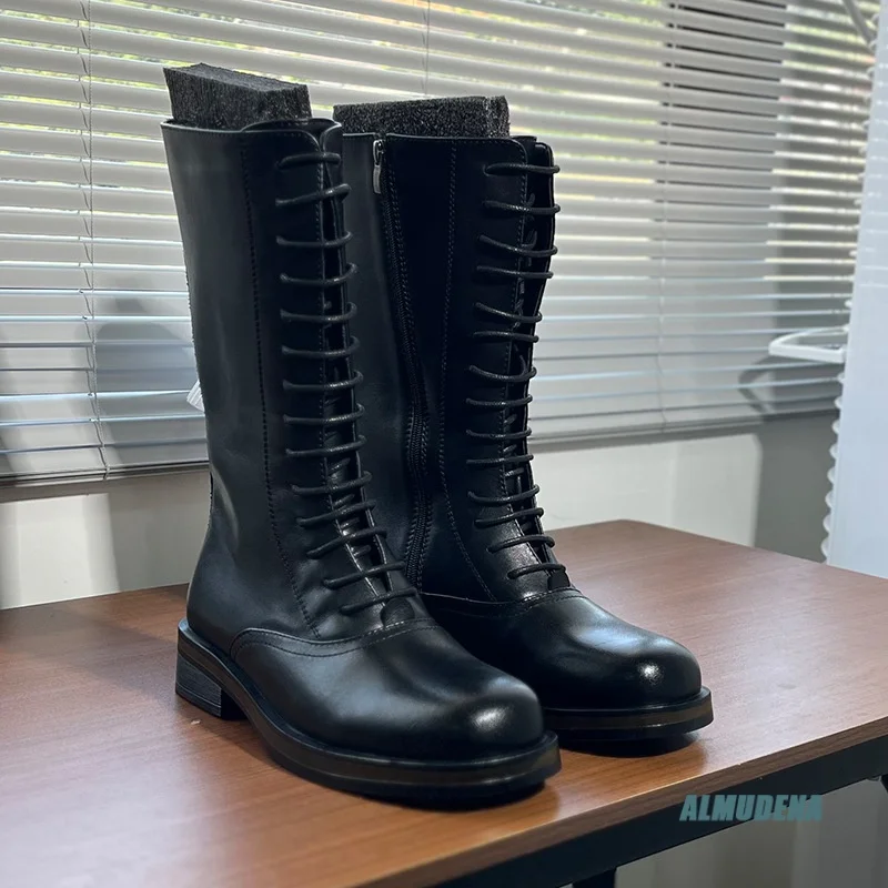 

Full Lace-Up Round Toe Mid-Calf Combat Men's Boots Side Zipper Street Style Urban Minimalist Outdoor Casual Daily Party Shoes