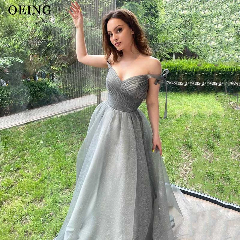 OEING Glitter Tulle A Line Prom Dresses Bow Spaghetti Strap V Neck Evening Gowns Formal Party Dress Occasion Vestidos De Noche