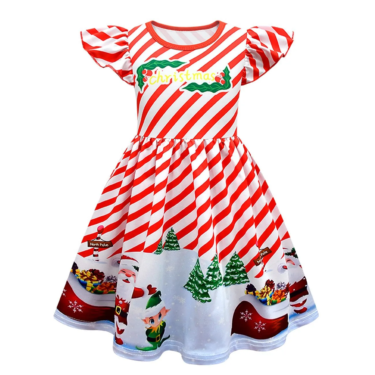 

4-7 Years Girl Christmas Dress Ruffle Sleeveless Santa Claus Candy Cane Print Cosplay Dresses Fashion Festival Xmas Party Dress