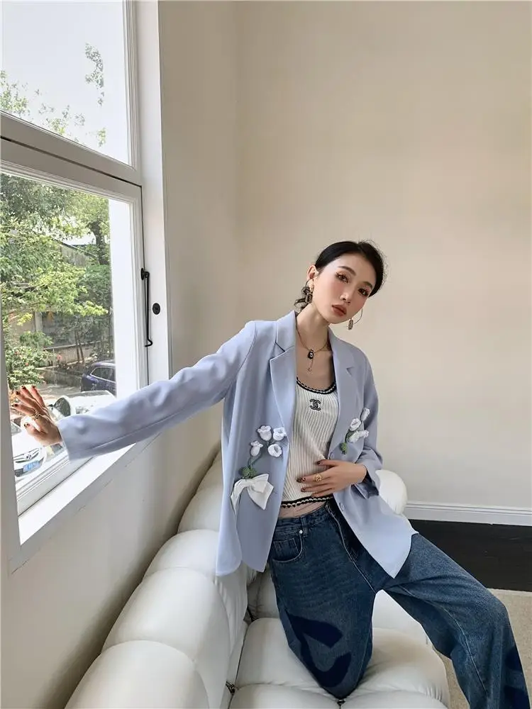 2026 Spring New 3D Flower Patchwork Split-front Casual Women Blazer Artistic Preppy Style Loose Women Blazers and Jackets