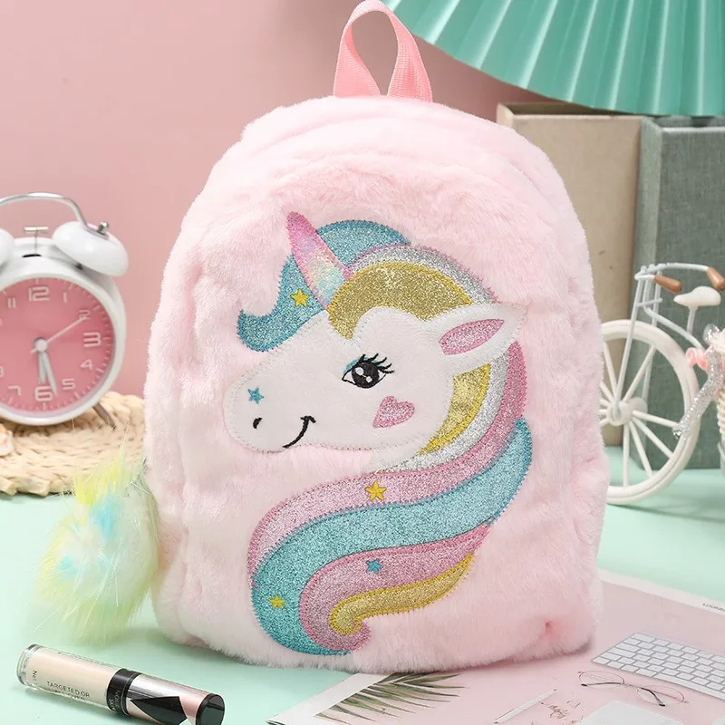 Paillettes cartone animato zaino ragazza peluche unicorno zaini moda pelliccia zaini bambini zainetto bambini regalo libro borsa per il compleanno