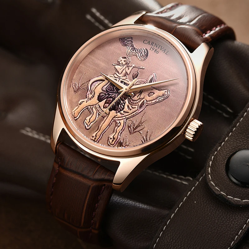 CARNIVAL Brand Fashion Zodiac ox Rose Gold Mechanical Watches for Men Sport Leather Sapphire Automatic Watch Business Wristwatch