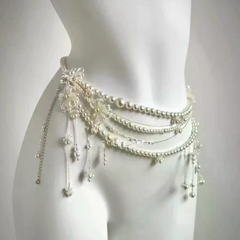 Multi-layer Flower Tassel Retro Style Imitation Pearl Waist Chain Banquet Charm Women's Body Chain Jewelry Clothing Accessories