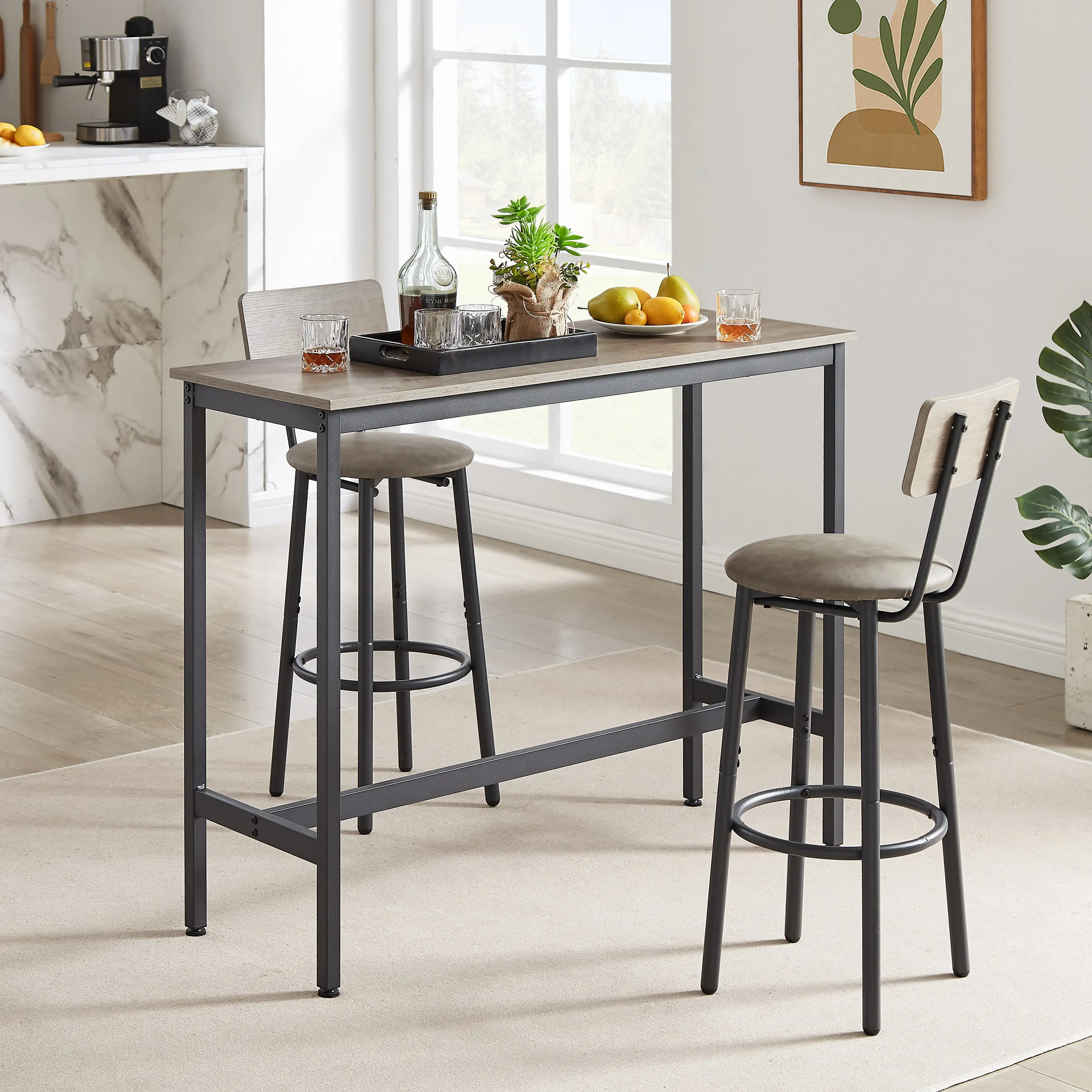 3-Piece Bar Table Set, Pub Dining Table & PU Upholstered Stools with Backrest for Kitchen Small Space, Gray
