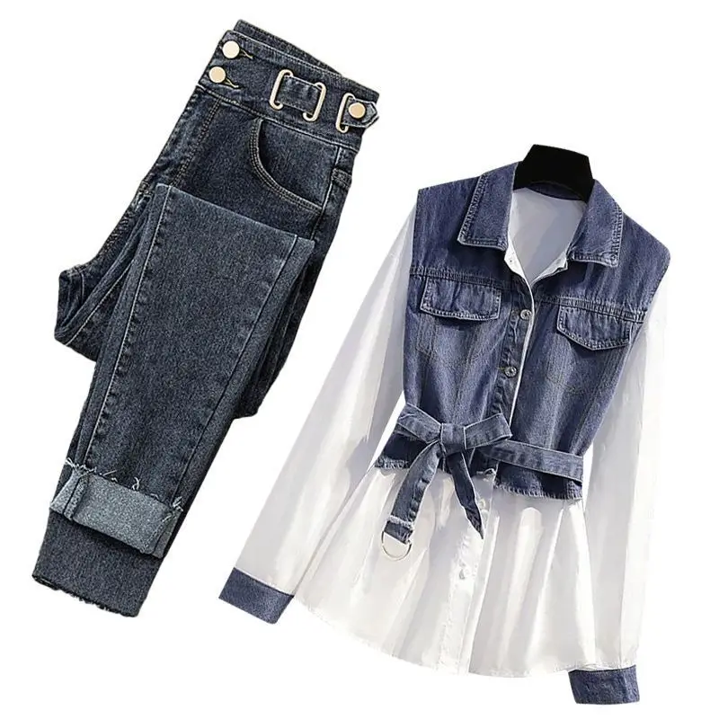 Spring and Autumn Season Set Women\'s 2024 New Korean Fashion Versatile Style Top Casual Jeans Two Piece Set Fashion