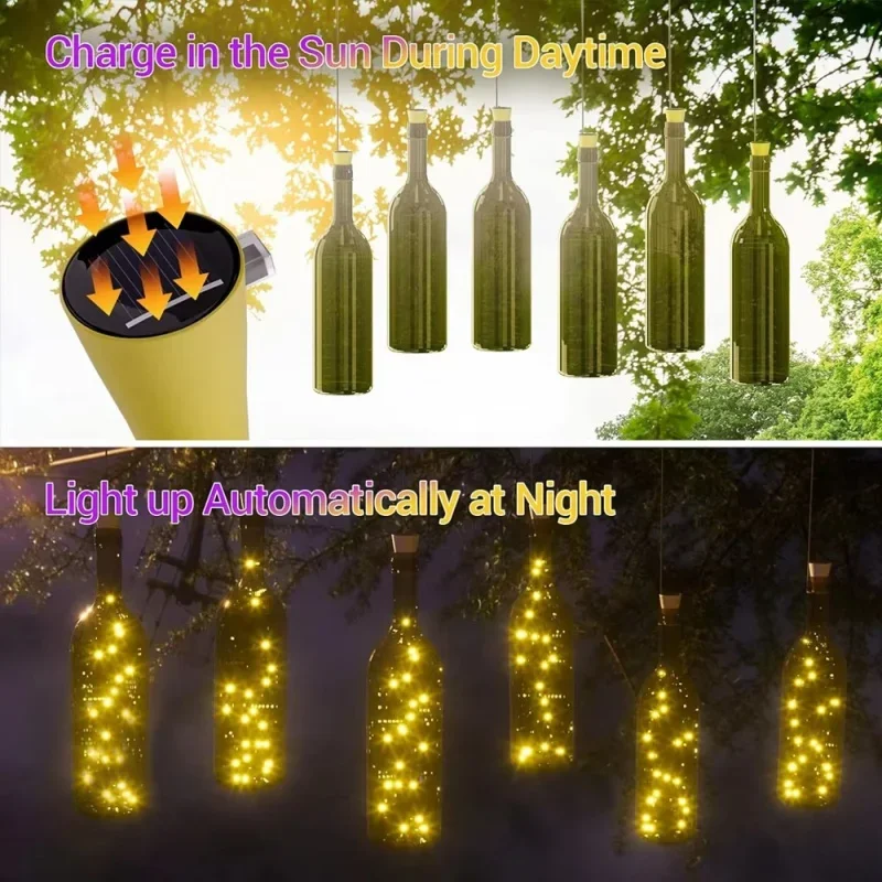 Solar Powered Bottle Cork String Lights Mini Led Copper Wire Fairy Lights Rechargeable For Patio Christmas Home Bar 20Leds Lamp