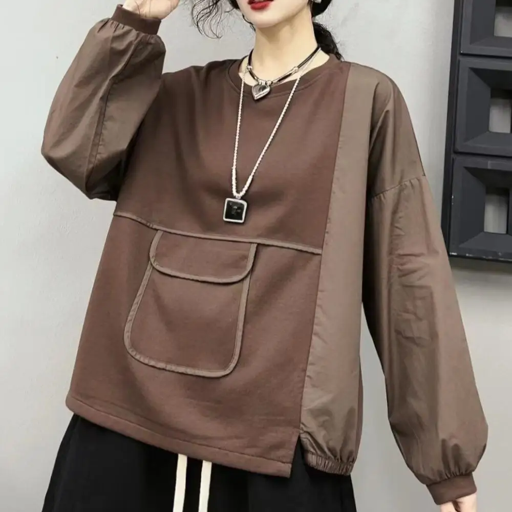 

Dimanaf 2024 Autumn Solid Elastic T-shirt Women Spliced Printing Long Sleeve Loose Tops Tees