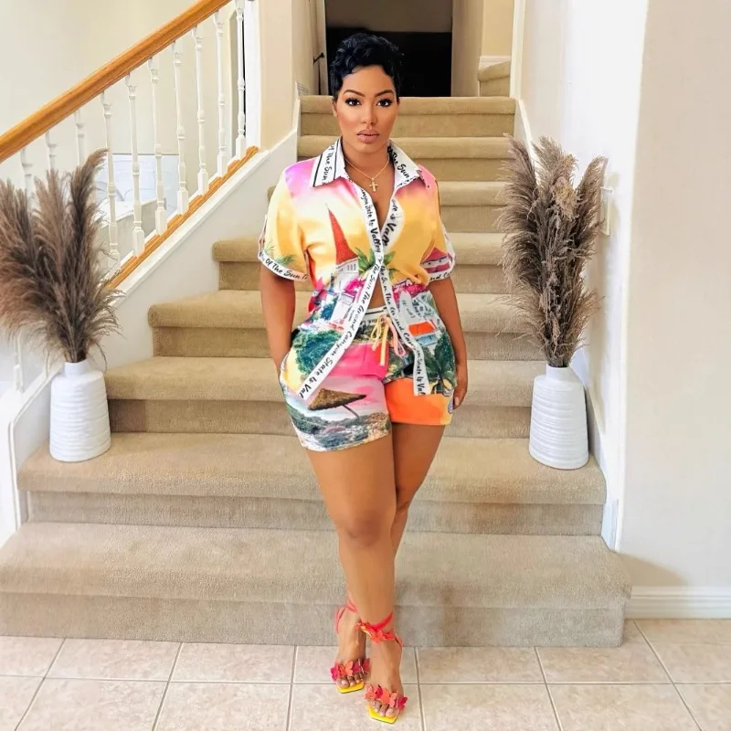 

Women Summer Holiday Print 2 Piece Set Turn Down Collar Short Sleeve Single Breasted Shirts Tops + Shorts Loose Casual Suits