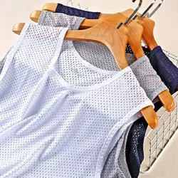 Men Ice Silk Tank Tops Thin Breathable Sport T Shirts Sleeveless Mesh Hole Vest Summer Quick-Drying Bodybuilding Fitness Vest