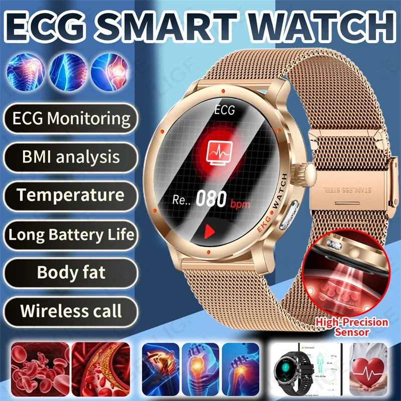 LIGE 2026 ECG+PPG Smart Watch Women Body Fat BMI Uric Acid Blood Lipid Heart Rate BT Call AMOLED Smartwatch Men For Android iOS