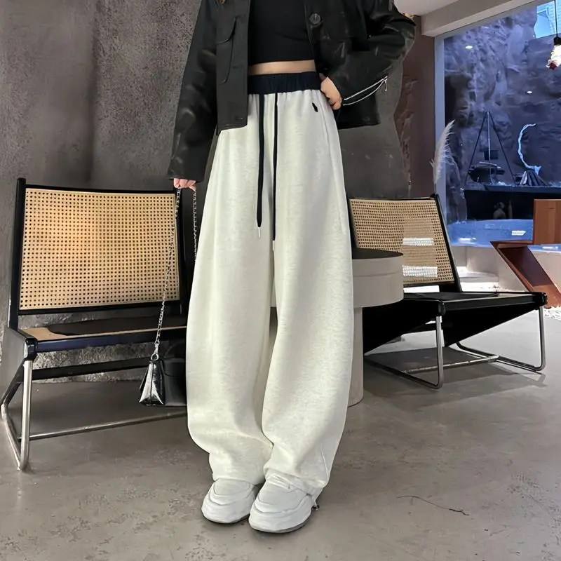 Women Winter Loose Casual Pants with Embroidered Colorblock Two-Wear Strap Elasticated Wide-Leg Pants for Women Winter Pants