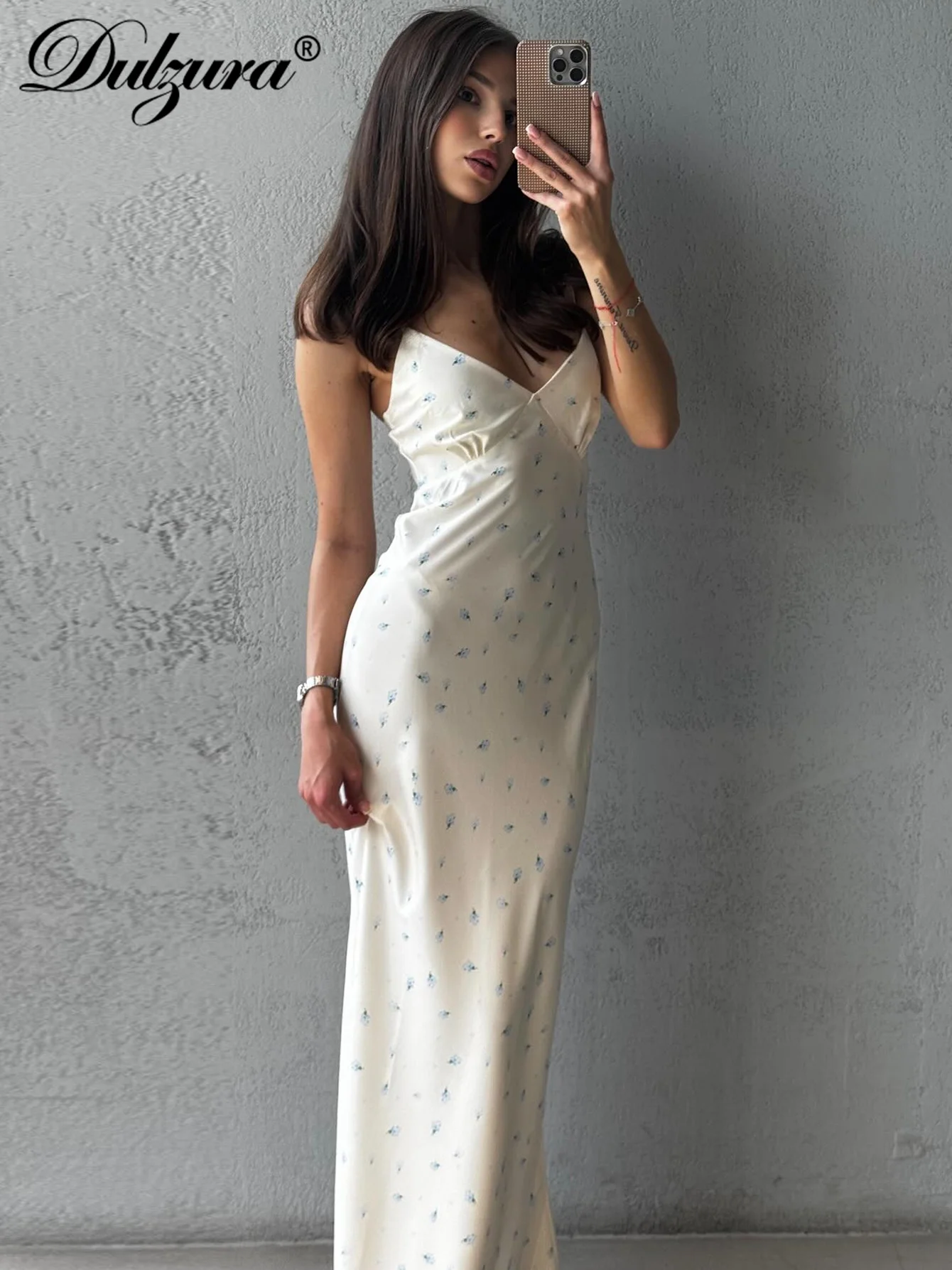 Dulzura Abito lungo da donna senza maniche, senza schienale, vestibilità slim, con spacco laterale, cerniera, stampa Cami, abito lungo, sexy, elegante, casual, abiti da festa