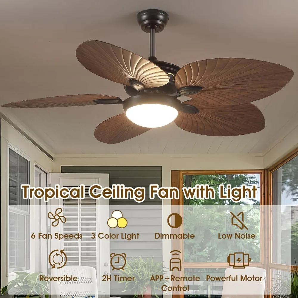 Tropical Ceiling Fans with Lights, 52 Inch Indoor Outdoor Palm Leaf Ceiling Fan for Patios Porch Bedroom, Remote/APP Control