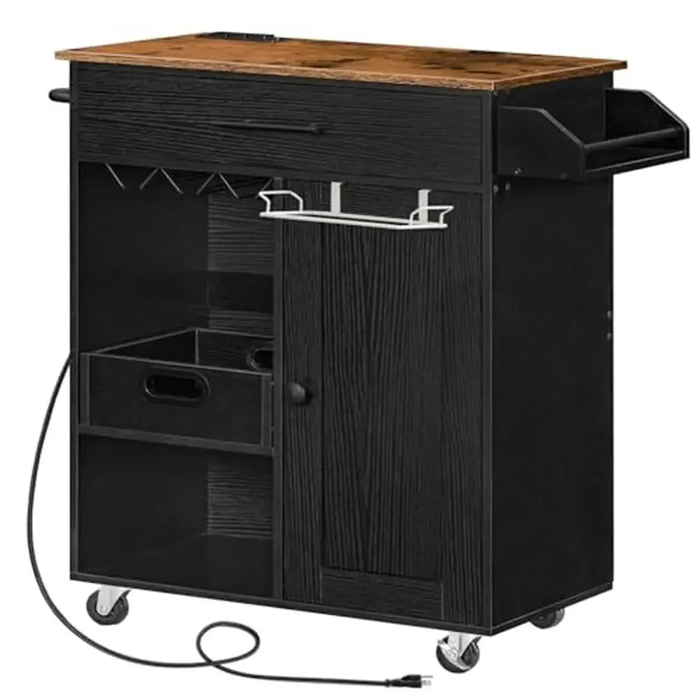 

Rolling Kitchen Island Cart with Power Outlet and Handy Socket Ample Storage Space and Wine Glass Rack Sturdy Structure and