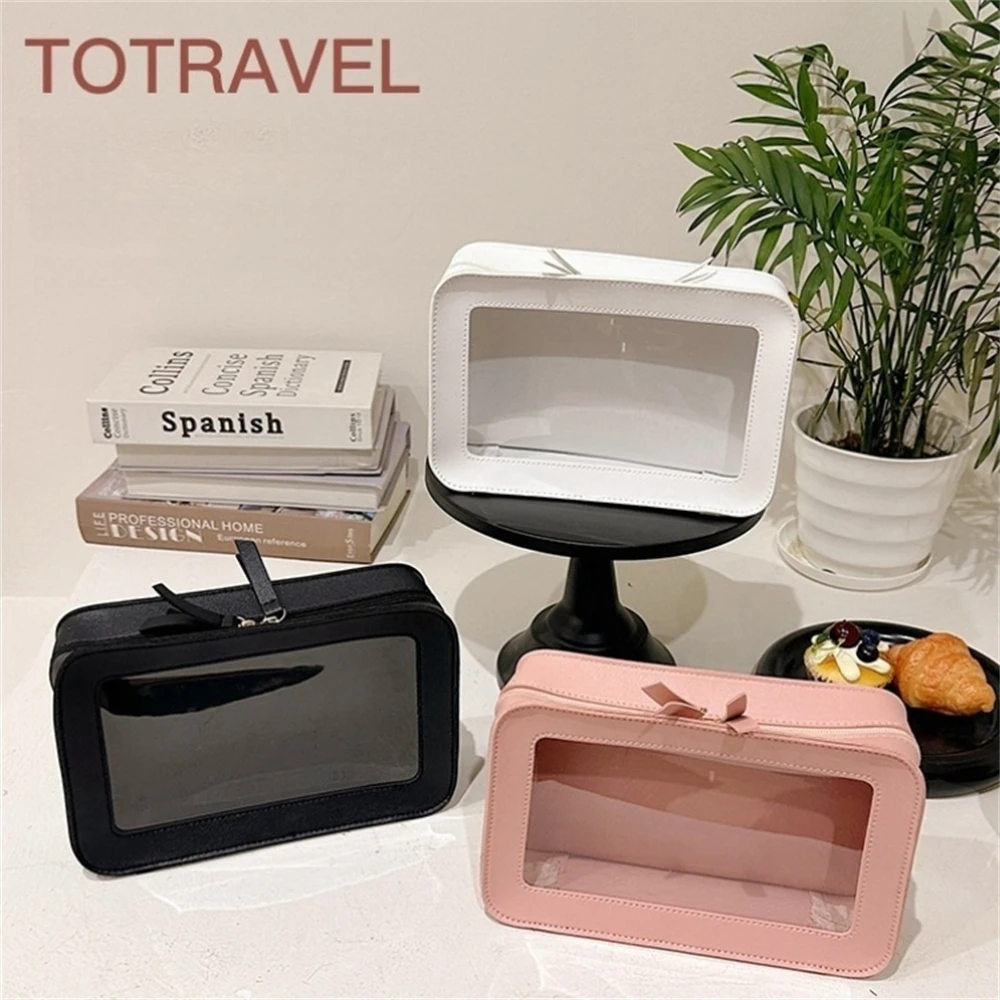 Borsa per il trucco in pelle PU per donna custodia per cosmetici portatile trasparente di grande capacità Fashions borsa da viaggio portatile per il