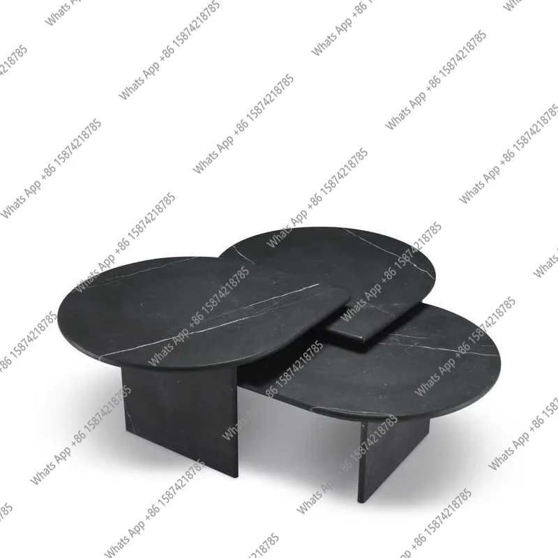 

Italian Design Black Marble Coffee Table Set - Leaf Shape Nesting Tables, Luxury Triple Sofa Side Table for Living Room Decor