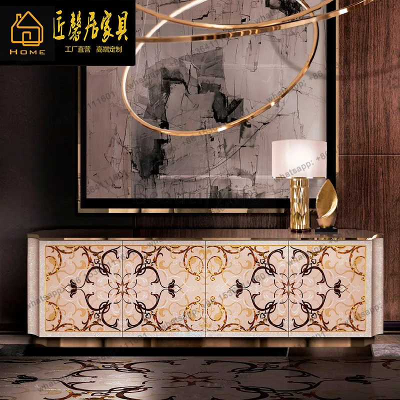 French carved dining side locker inlaid shell parquet storage side cabinet European style