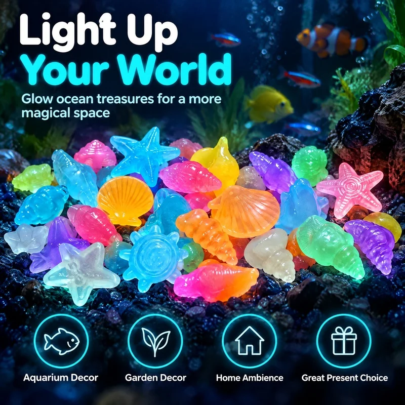 50-100PCS Fluorescent Marine Life Aquatic Stones GLOWING Sea Shells Starfish for Aquarium Landscaping Small Ocean Stones Aquariu