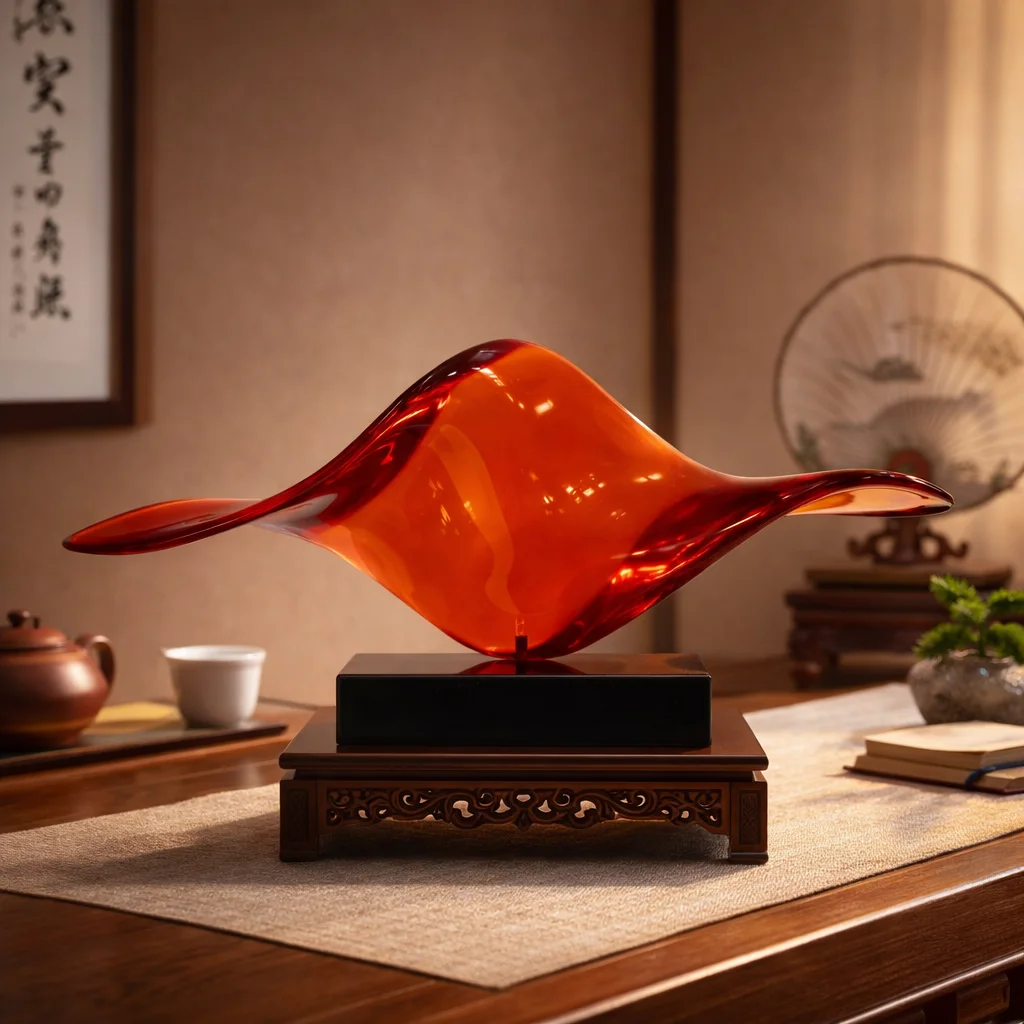 %R  Orange Red Wave Shaped Resin Hand-painted Artistic Sculpture Modern Home Living Room Interior Decor Ornament！