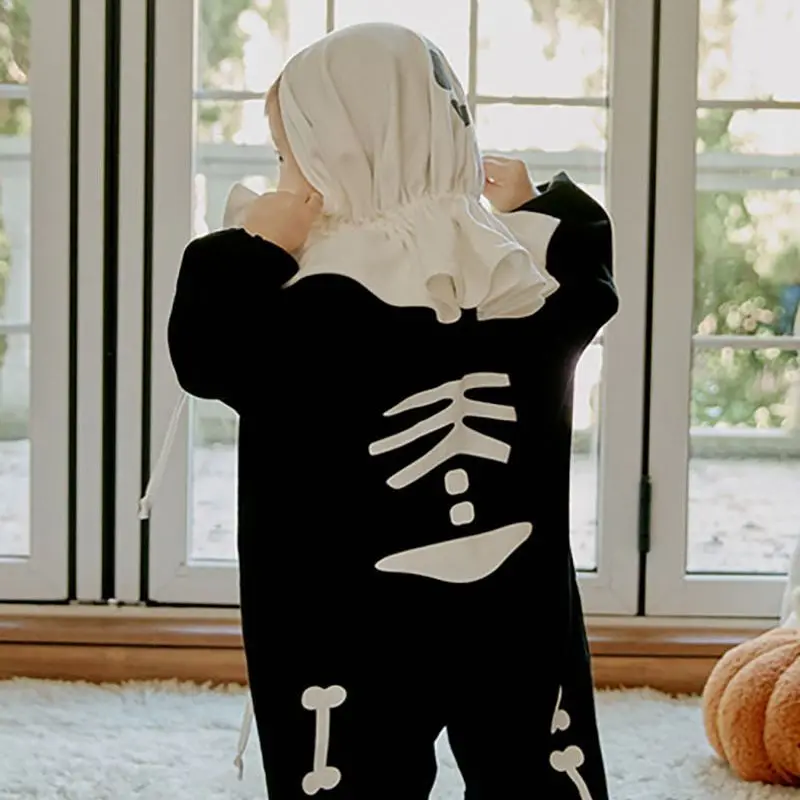 

2025 Halloween Newborn Baby Kids Clothing Set ins Girls Boys Long Sleeve Skeleton Print Jumpsuit+Little Devil's Cloak 2Pcs Suit