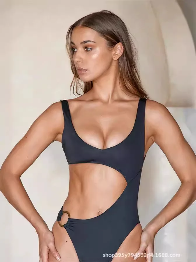 2024 European and American cross-border summer sexy solid color hollow out jumpsuit vacation swimsuit Y2K