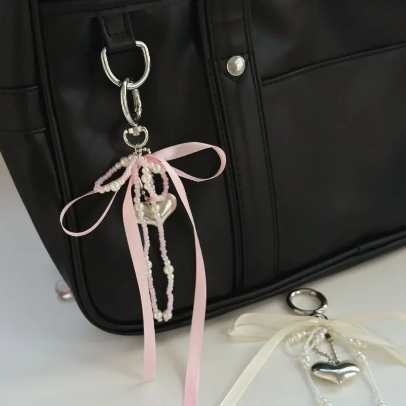 Imitation Pearl Bow Key Ring Ribbon Beaded Keychain Korean Style Hanging Accessories Y2k Heart Bag Pendant Key Chain Gifts