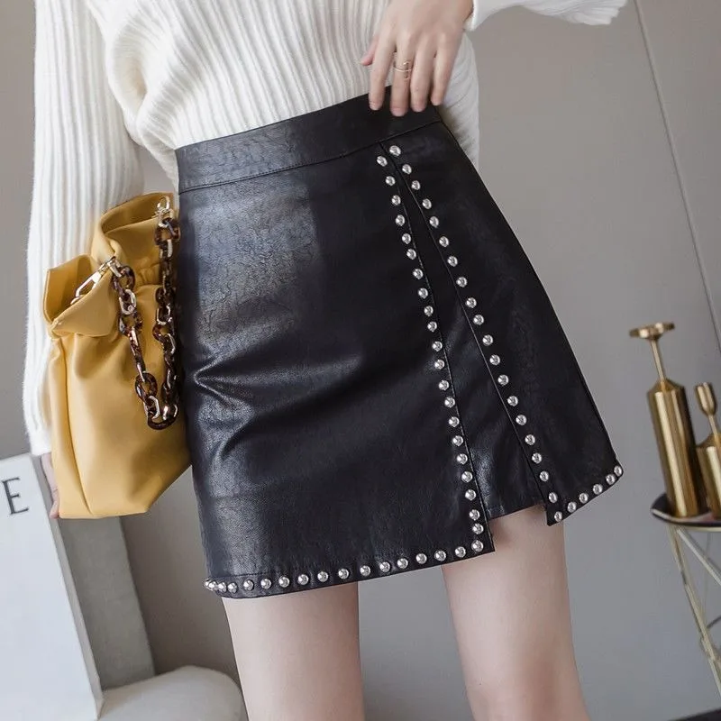 High Waist Heavy Industry Rivet A-shaped Skirt Leather Skirt New Autumn Version Versatile Pu Leather Skirt Small Leather Dresses