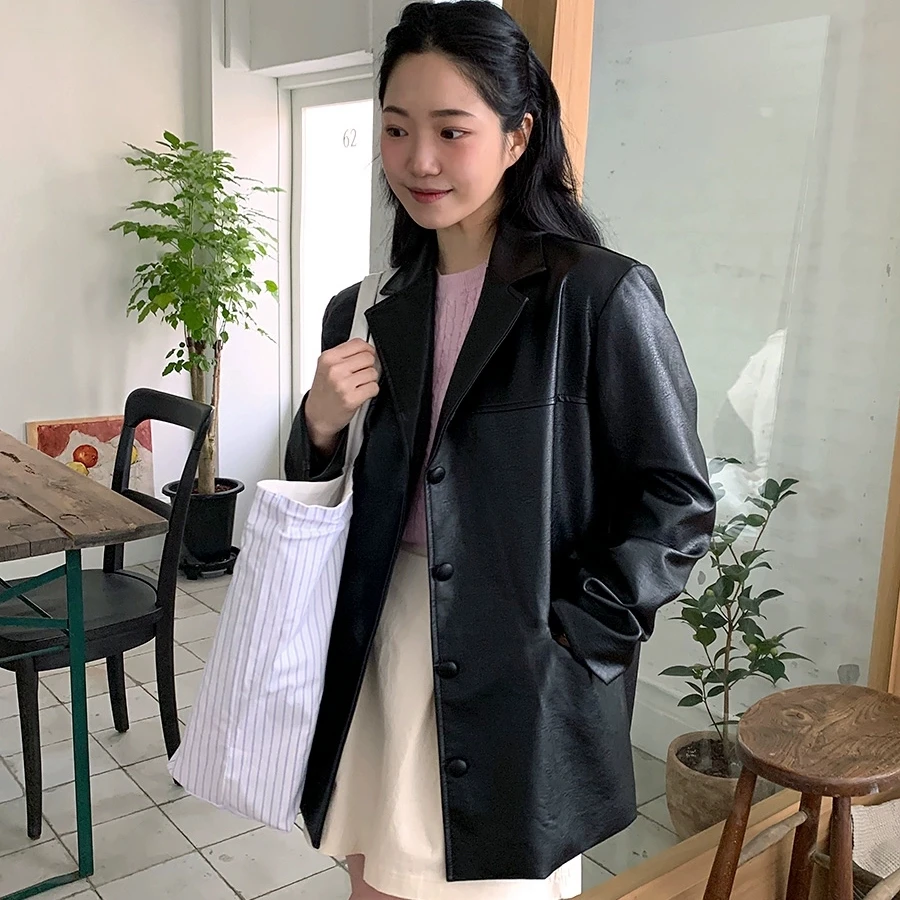 Casual Style Women's Leather Jacket Versatile Suit Style Outerwear Long Sleeve Mid-Length Chinese Manufacturer