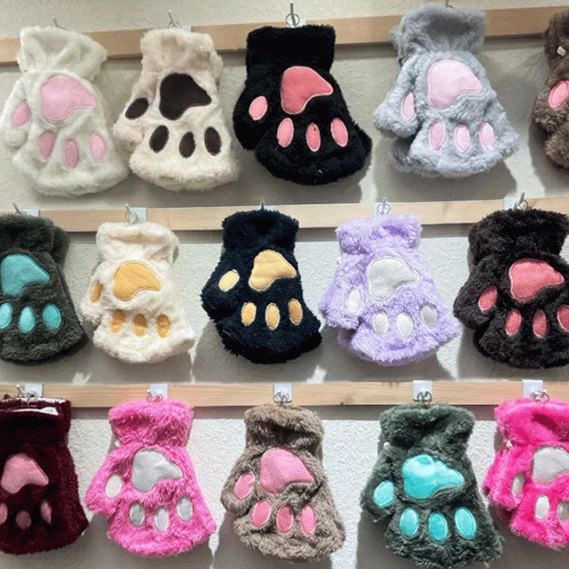 

New Kawaii Women Warm Cat Gloves Fashion Girls Cat Claw Paw Plush Mittens Soft Plush Short Fingerless Half Finger Winter Gloves