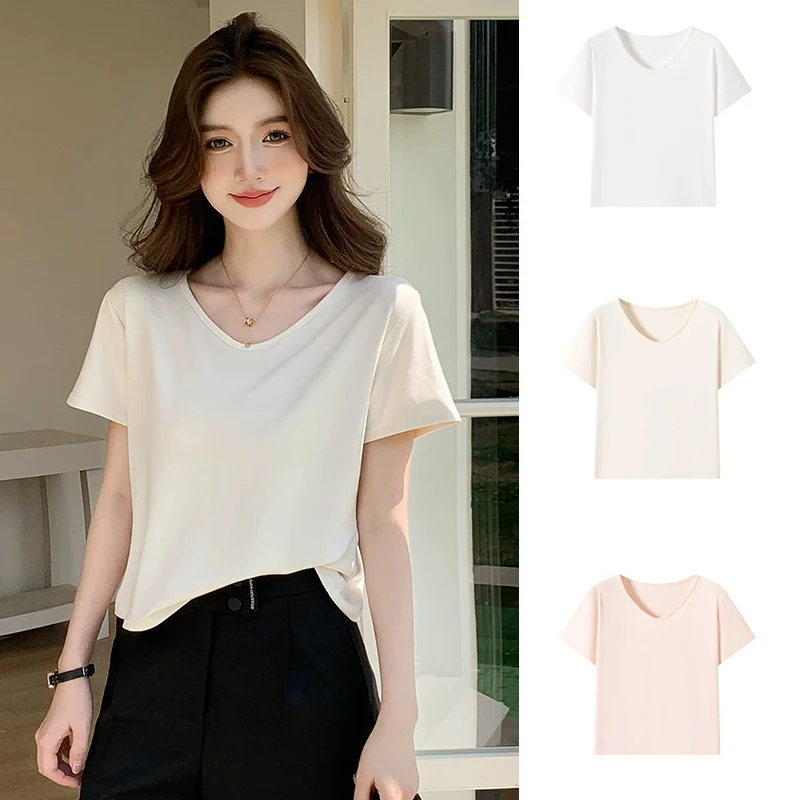 Nieuwe zomer dames effen kleur V-hals T-shirt korte mouwen los overhemd casual eenvoudig dames basic dames look slank alles