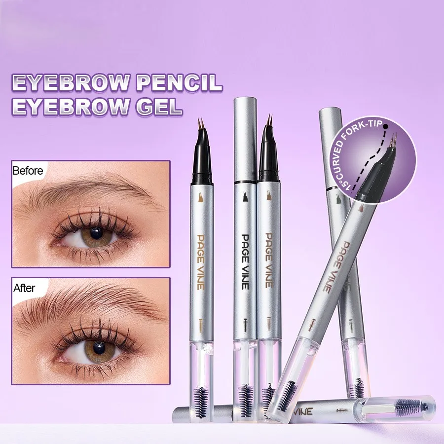 

2 in 1 Eyebrow Pencil & Brow Gel Waterproof Long Lasting Fork Tip Eyebrow Pen Natural Brow Makeup with Brush