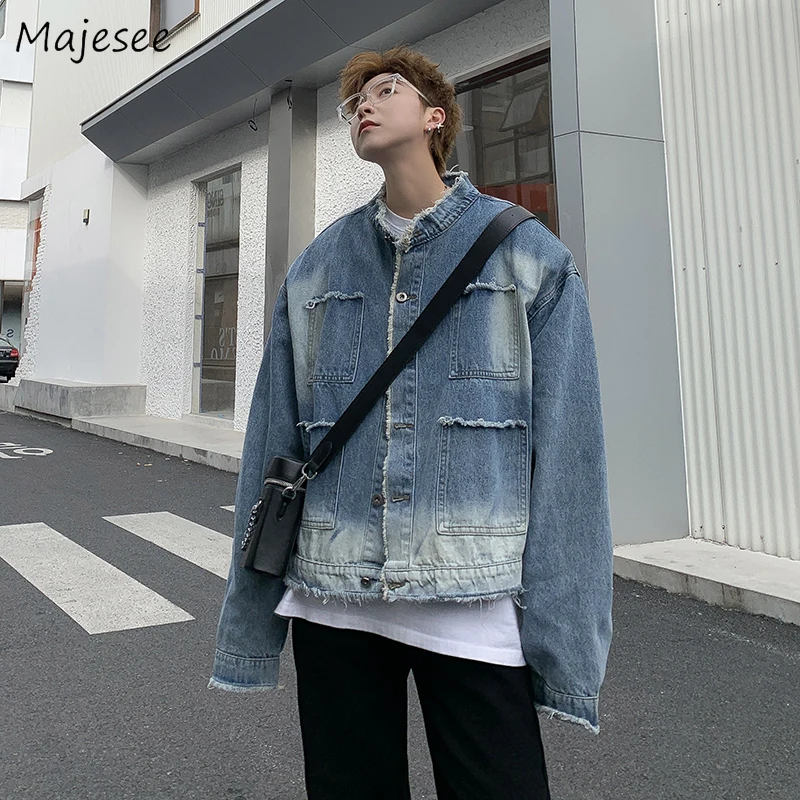 M-3XL Jackets Men American Washed Denim Coat Couple Y2k Clothes Hipster Streetwear Vintage Gradient Chaquetas Handsome All-match