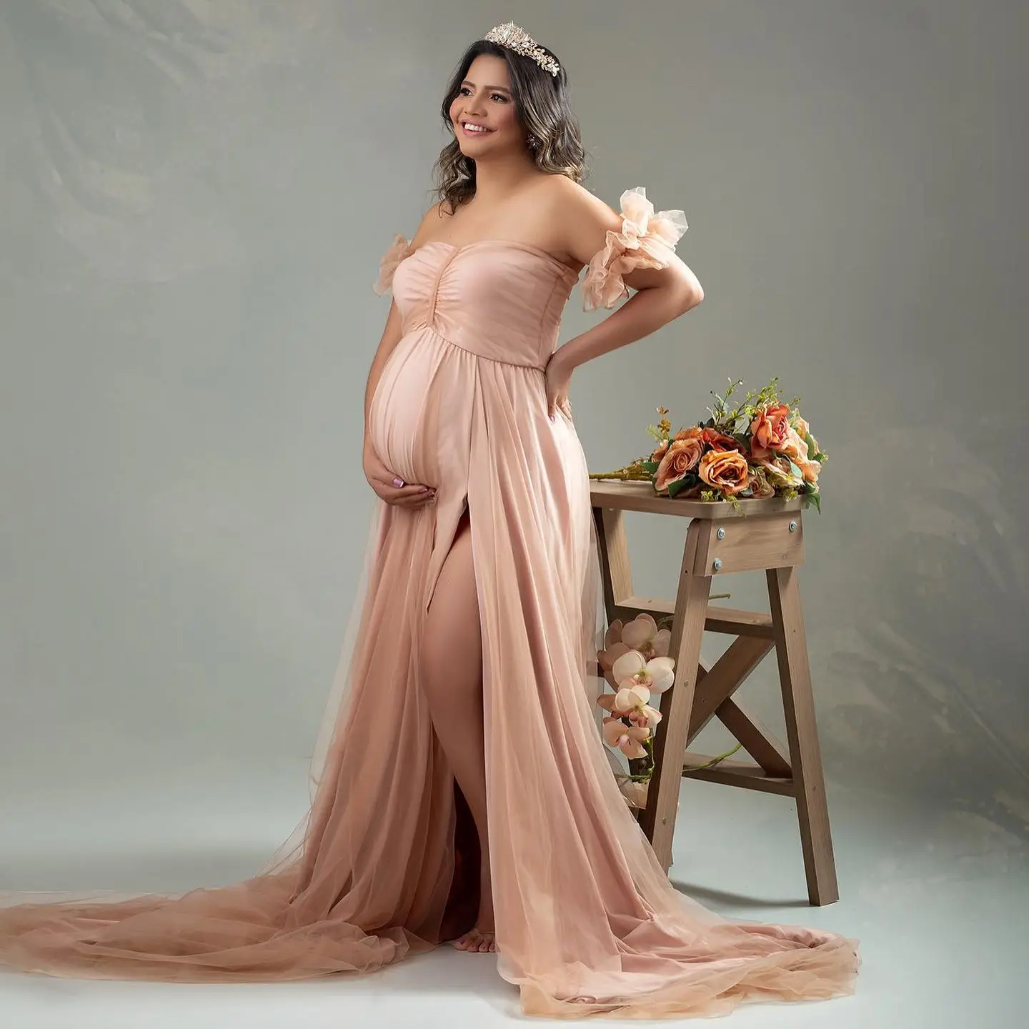 

Customise Maternity Photoshoot Dress Strapless Empire Prom Gown Women Side Slit Baby Shower Dresses Formal Wear