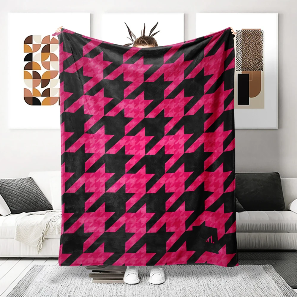 Black Pink Houndstooth Flannel Blanket Warm Soft Halloween Christmas Decorative Couch Warm Cozy All-Season Gift