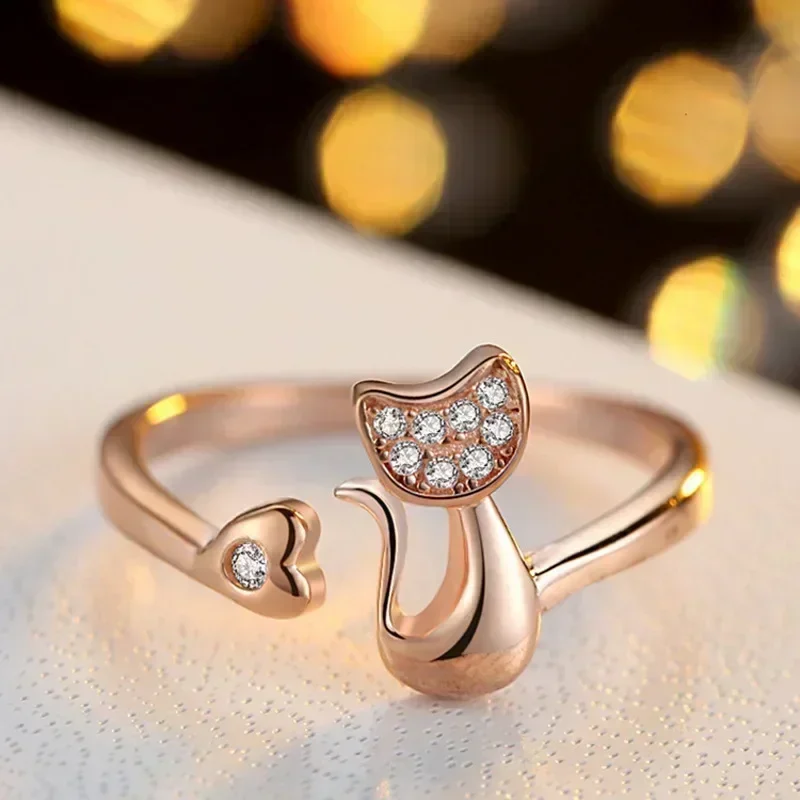 Charm Crystal Top Quality Cubic Zirconia Crystal Inlaid Cute Animal Cat Ring for Women Girls Fashion Animal Anillo De Mujer Open