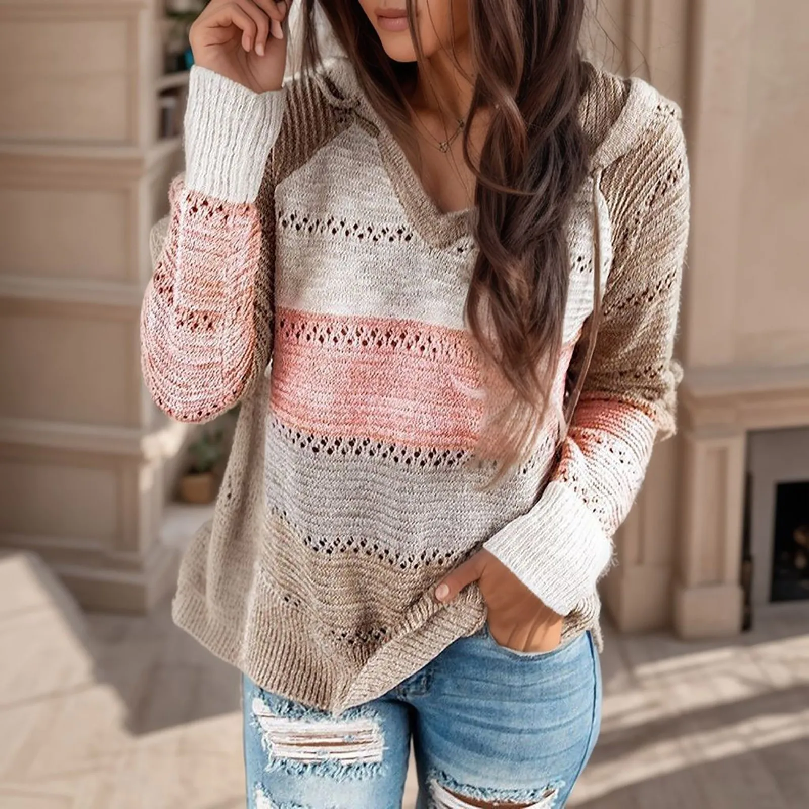 

Long Sleeves Hooded Patchwork Sweater Tops Casual Fashion V-Neck Knitted Pullover Women Hollow Out Thin Loose Fit Sweatshirt